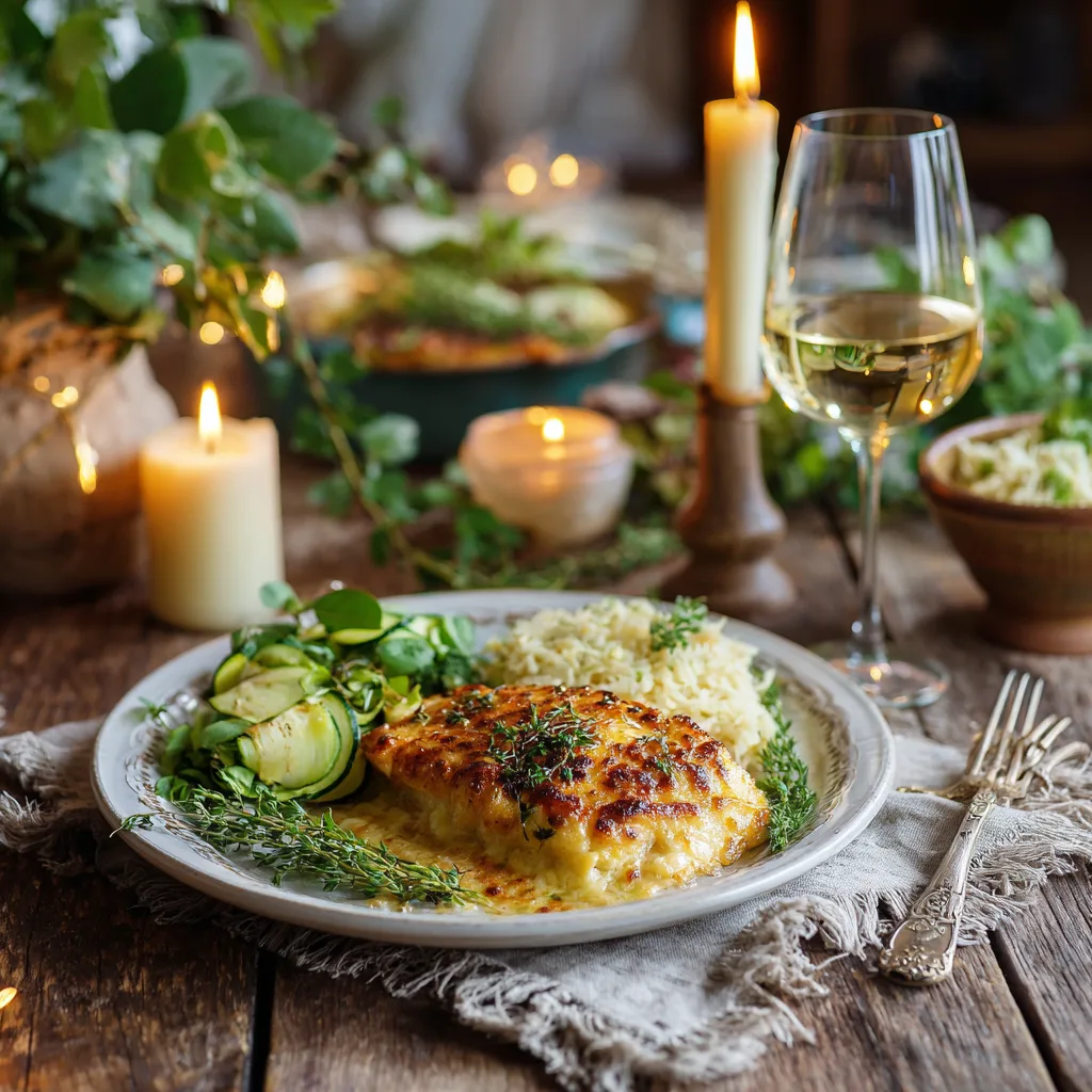 Assiette de gratin de poisson aux courgettes dressée avec riz et salade verte sur table