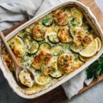 Gratin de poisson aux courgettes doré dans un plat à gratin blanc, vue de dessus