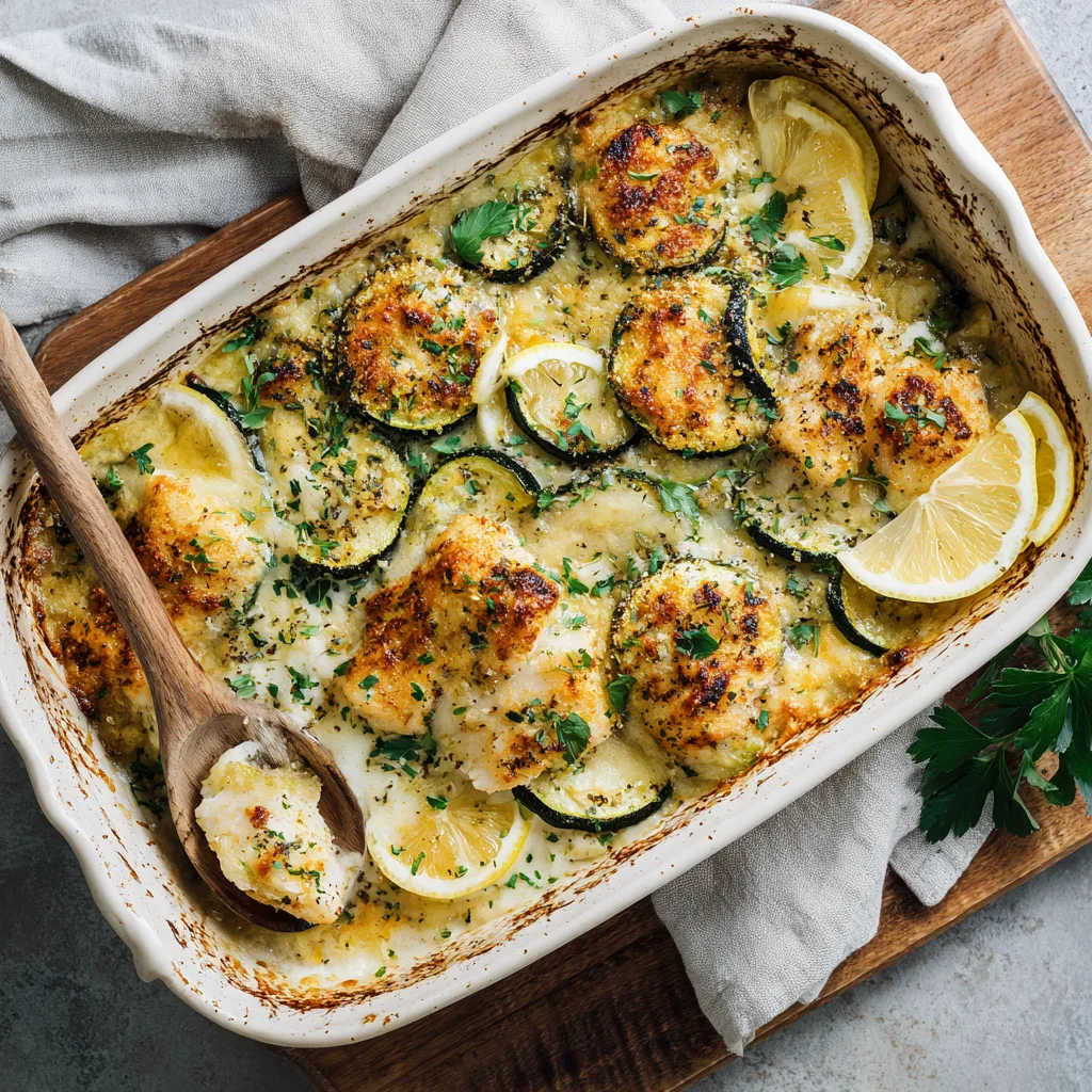 Gratin de poisson aux courgettes doré dans un plat à gratin blanc, vue de dessus