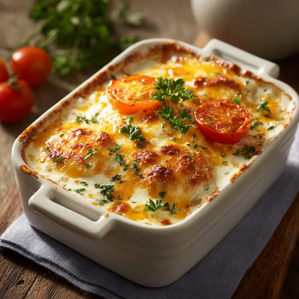Gratin Hamburger au Fromage doré et gratiné dans un plat en céramique blanche, vu de dessus