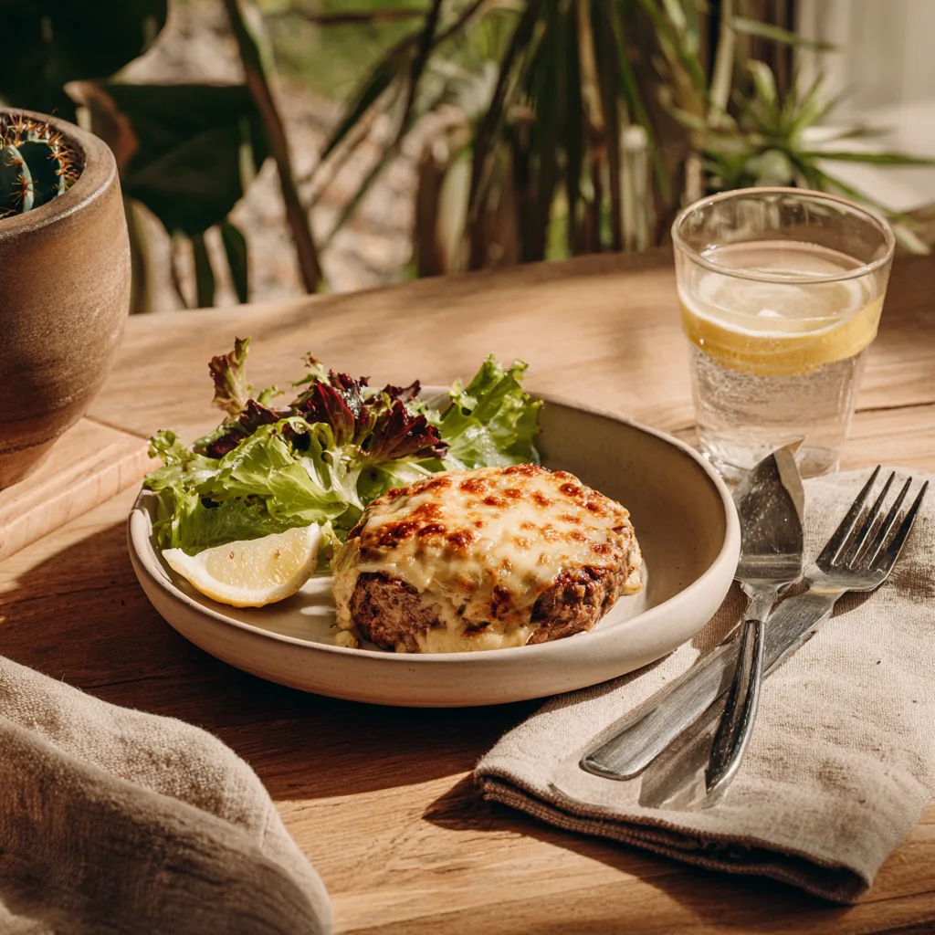 Part de Gratin Hamburger au Fromage servie dans une assiette blanche avec salade verte, photo principale