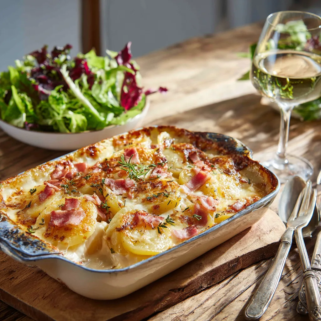 Gratin de pommes de terre aux lardons doré servi sur une table avec salade et vin blanc