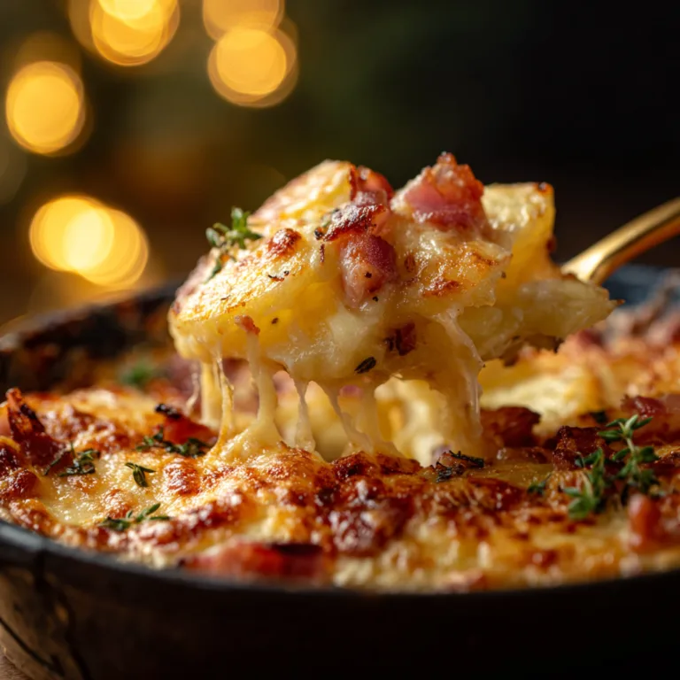 Gros plan sur les couches crémeuses du gratin de pommes de terre aux lardons