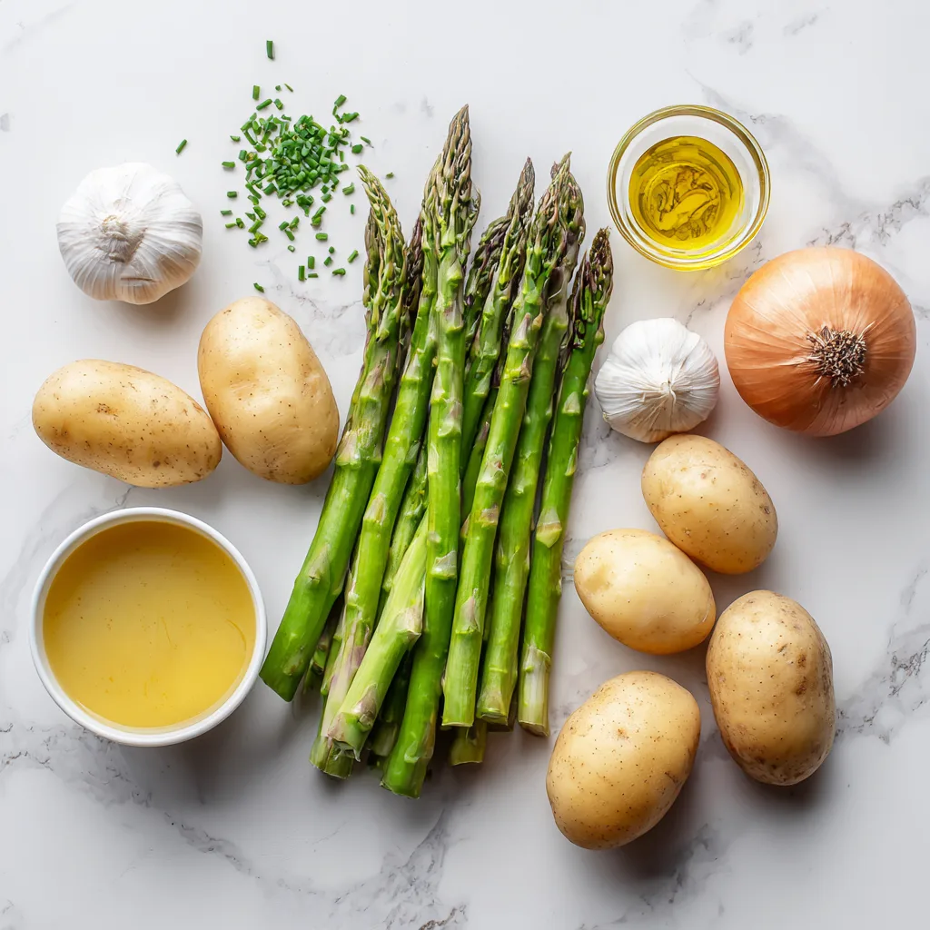 Ingrédients du velouté asperges pomme de terre disposés en flat lay sur marbre blanc