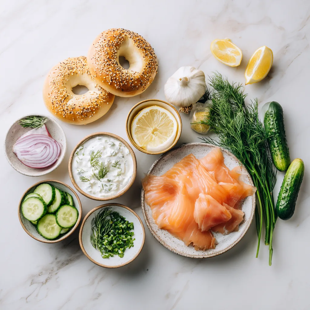 Ingrédients pour recette bagel au saumon disposés en flat lay sur marbre blanc