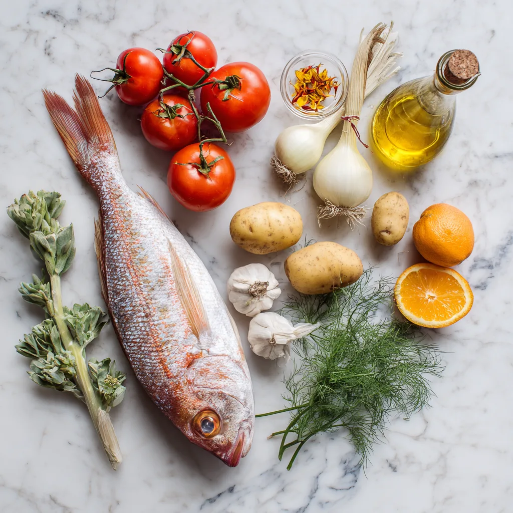 Ingrédients bouillabaisse traditionnelle provençale flat lay poissons safran légumes