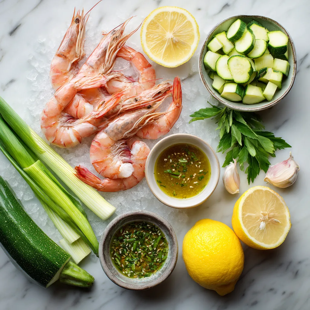 Ingrédients des brochettes de gambas aux courgettes à la citronnelle disposés sur marbre blanc