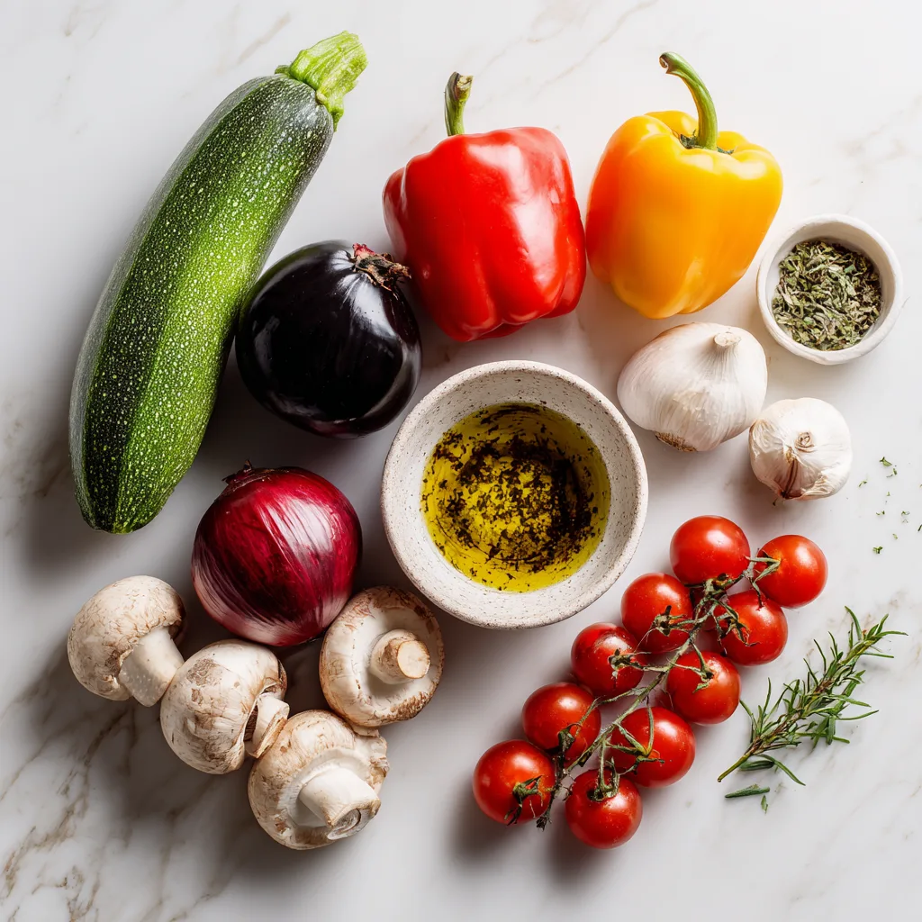 Ingrédients brochettes de légumes grillés disposés à plat sur marbre blancTous les ingrédients frais et colorés pour préparer des brochettes de légumes grillés