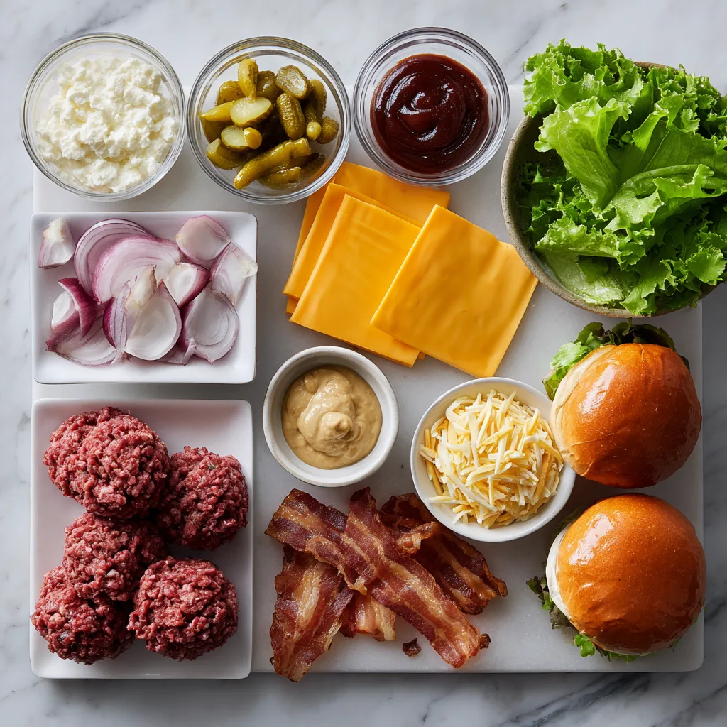 Ingrédients burger smash maison cheddar bacon disposés en flat lay