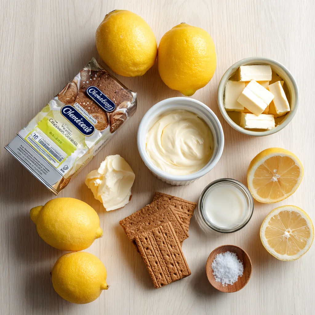 Ingrédients cheesecake citron sans cuisson flat lay spéculoos Philadelphia citrons