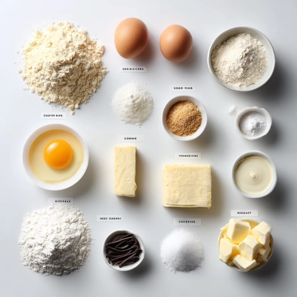 Ingrédients pour choux à la crème pâtissière disposés à plat sur fond blanc