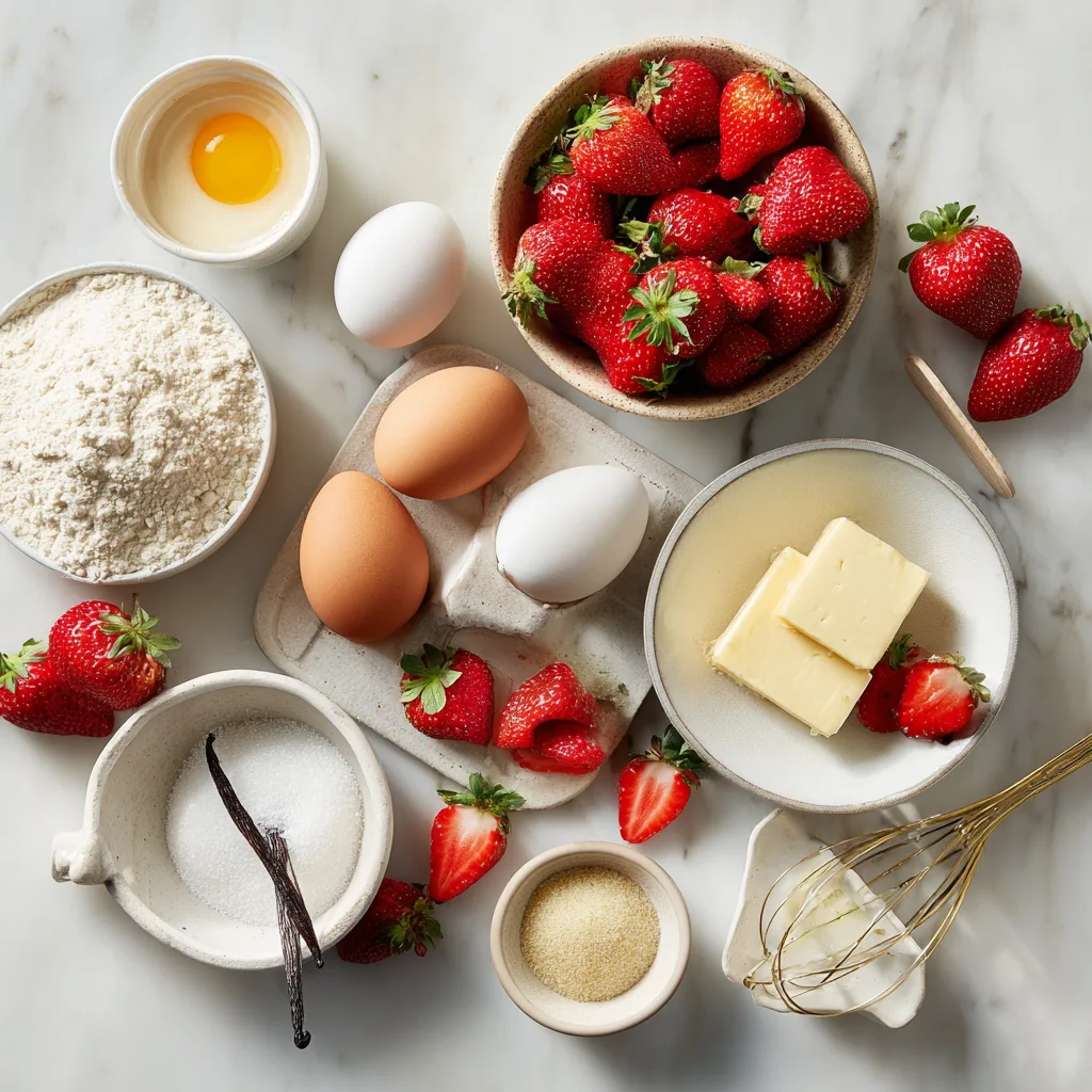Ingrédients clafoutis aux fraises et vanille disposés à plat sur fond blanc