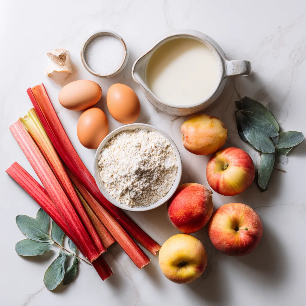 Ingrédients du clafoutis rhubarbe pomme disposés à plat sur marbre blanc