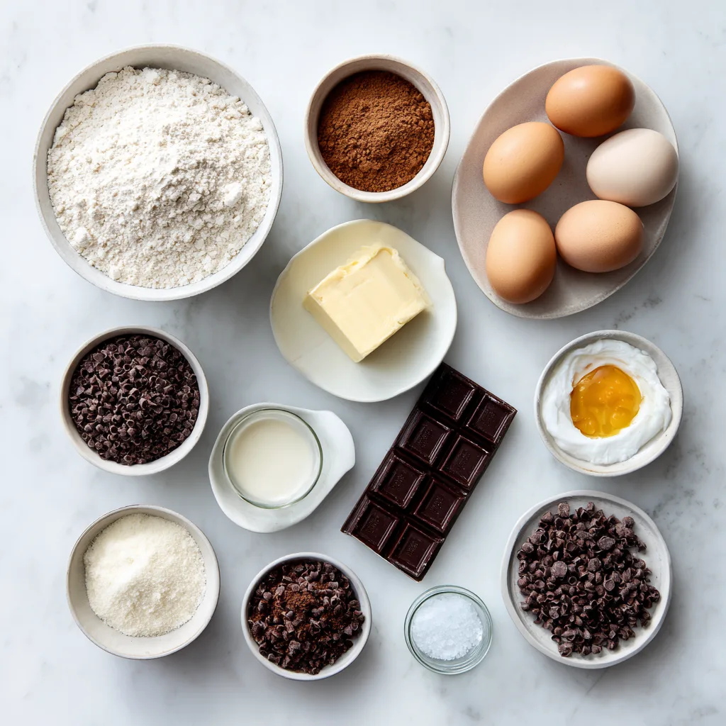 Ingrédients pour cookies cœur fondant chocolat disposés sur marbre blanc