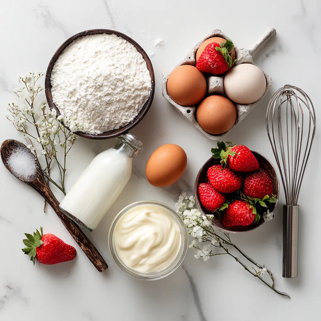Ingrédients pour crêpes roulées fraises chantilly sur fond marbre