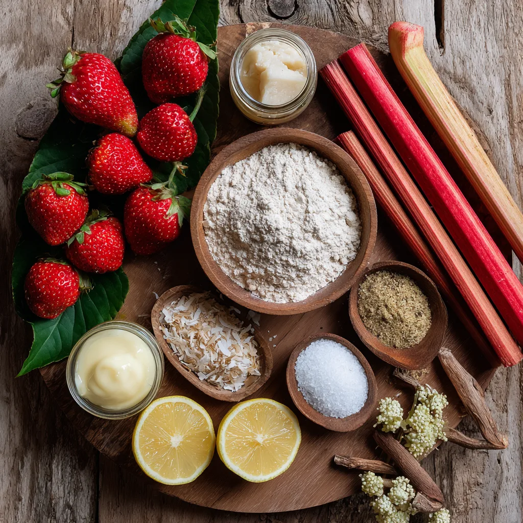 Ingrédients crumble fraise rhubarbe noix de coco disposition à plat