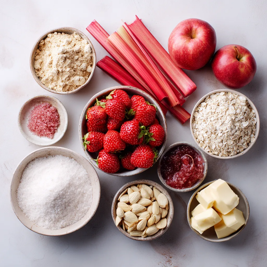 ingrédients crumble fraise rhubarbe pomme flat lay vue de dessus