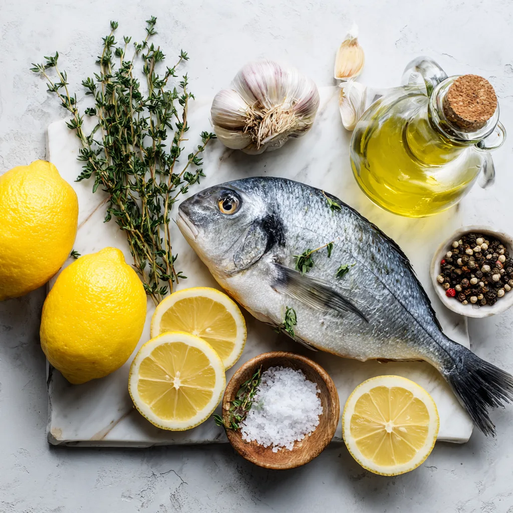 Ingrédients dorade au barbecue au citron flat lay sur marbre