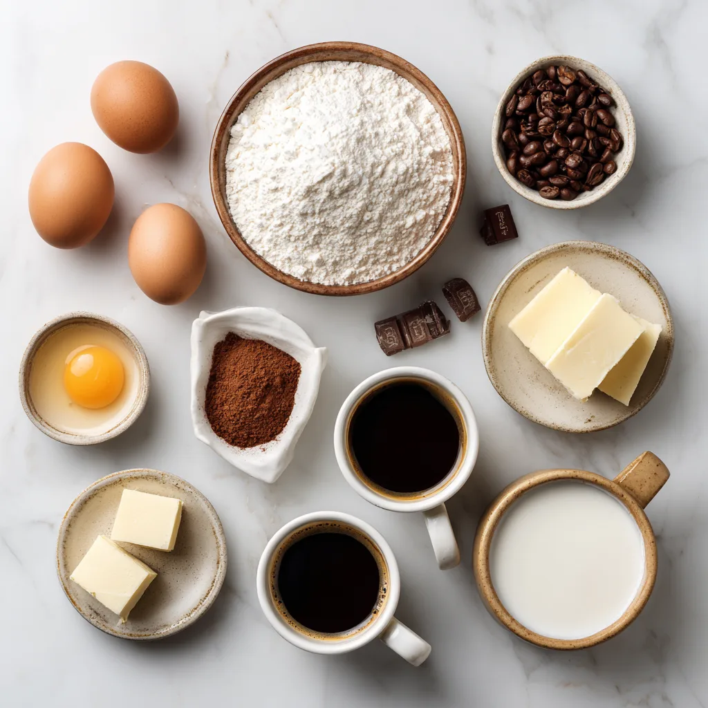 Ingrédients pour éclair au café maison disposés sur marbre blanc