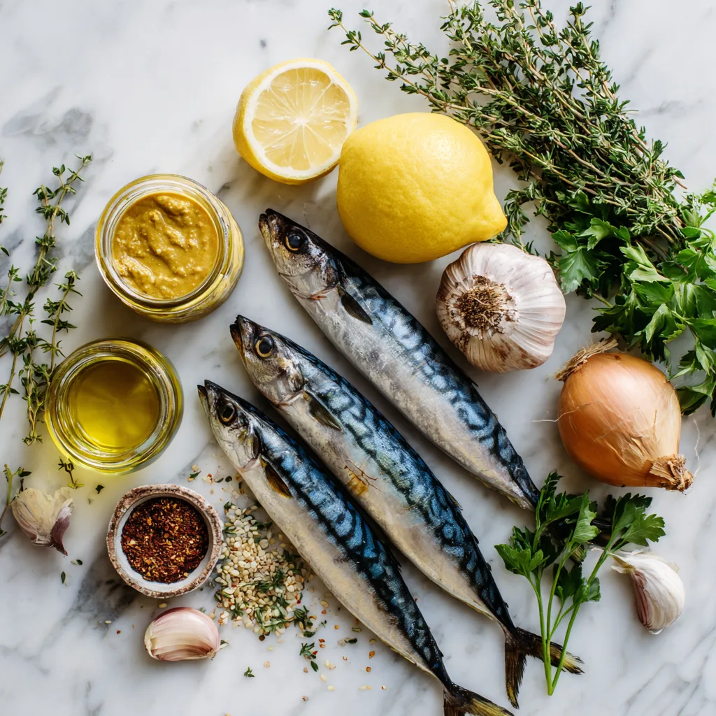 Ingrédients pour les filets de maquereau sauce moutarde miel disposés à plat sur marbre blanc
