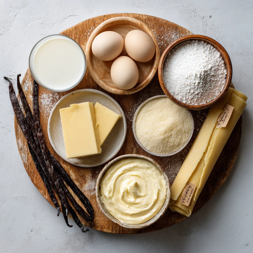 Ingrédients flan pâtissier vanille flat lay sur marbre