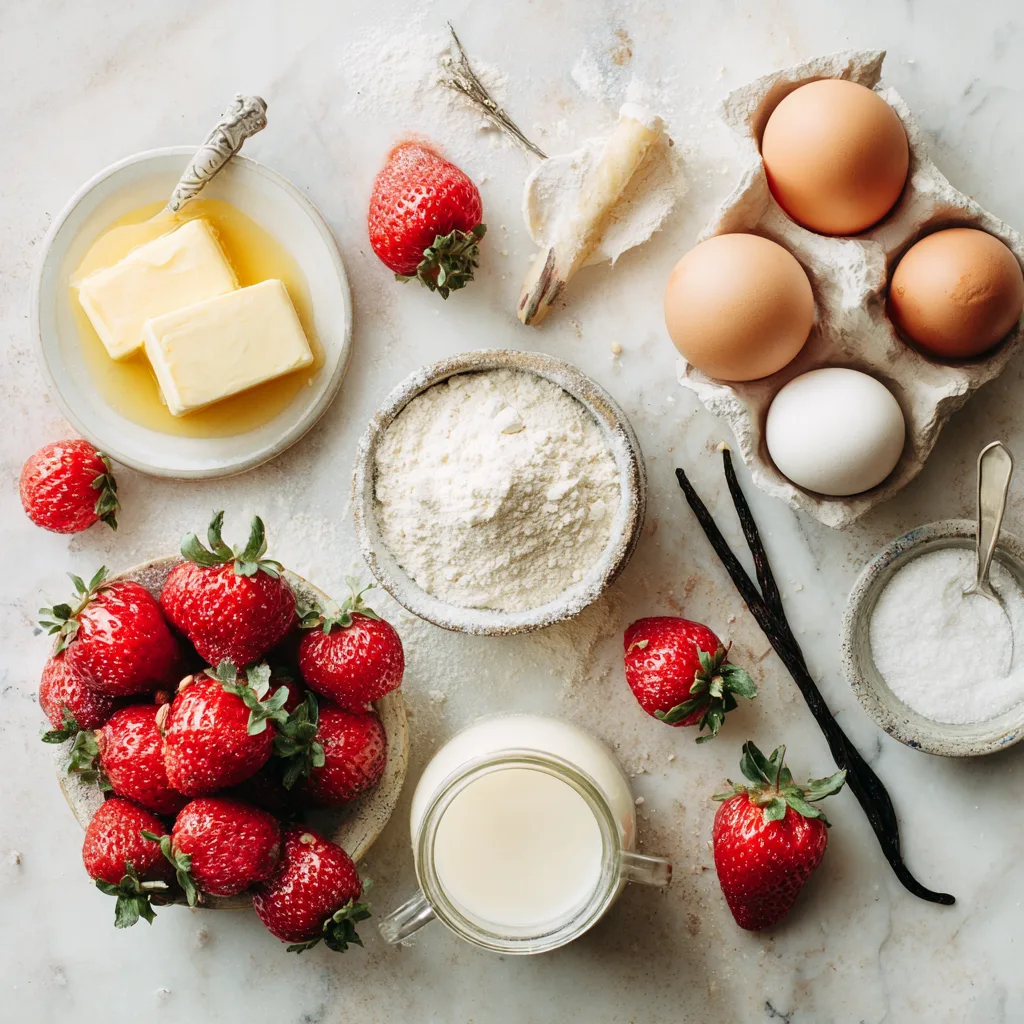 Ingrédients du fraisier maison : fraises, œufs, beurre, vanille et farine sur marbre blanc