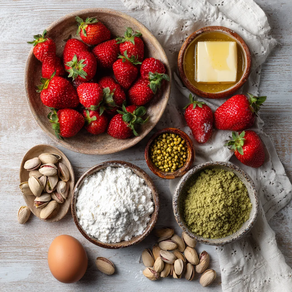 Ingrédients fraisier pistache à plat fraises et pistaches