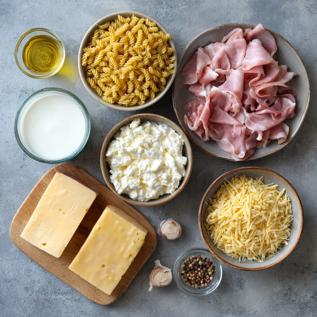 Ingrédients du gratin de coquillettes jambon fromage disposés en flat lay sur fond bois