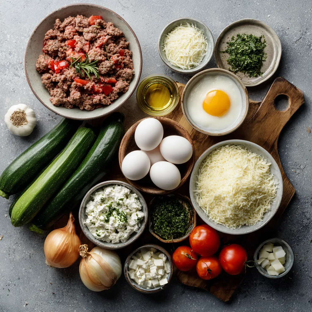 Ingrédients du gratin de courgettes et viande hachée disposés sur fond marbre blanc