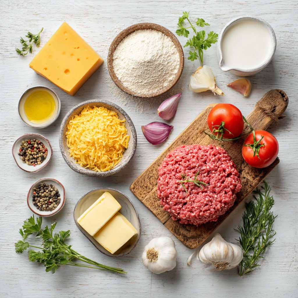 Ingrédients du Gratin Hamburger au Fromage disposés en flat lay sur bois clair