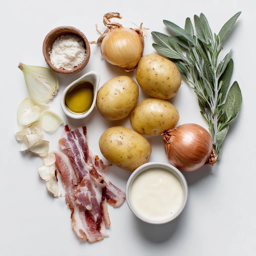 Ingrédients du gratin de pommes de terre aux lardons disposés en flat lay