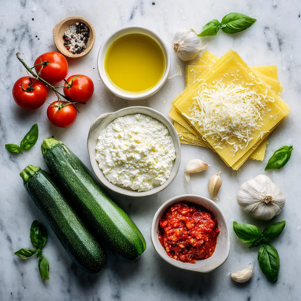 Ingrédients des lasagnes courgettes ricotta bolognaise disposés à plat sur marbre