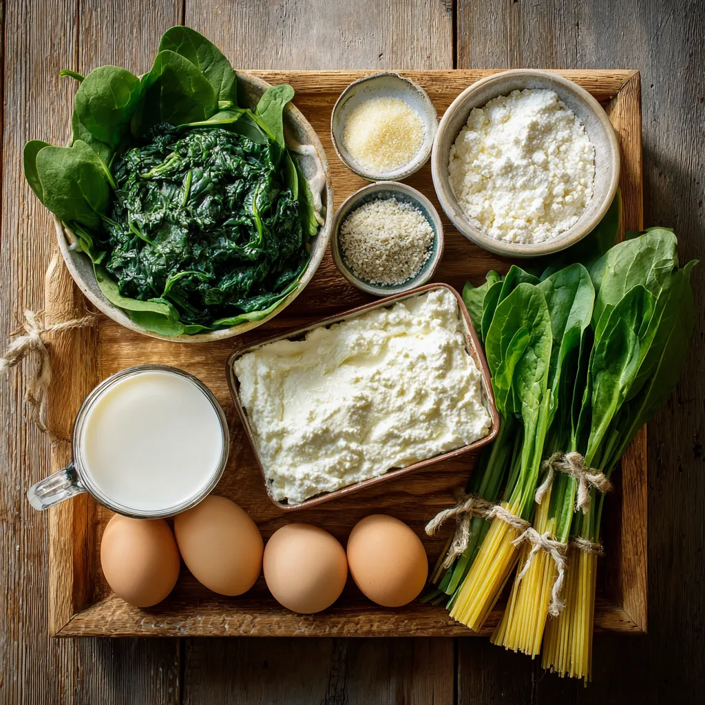 Ingrédients des lasagnes aux épinards et ricotta disposés en flat lay