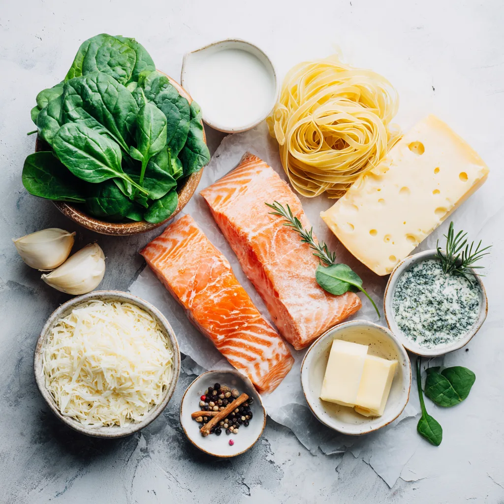 Ingrédients pour lasagnes saumon épinards disposés en flat lay sur marbre blanc