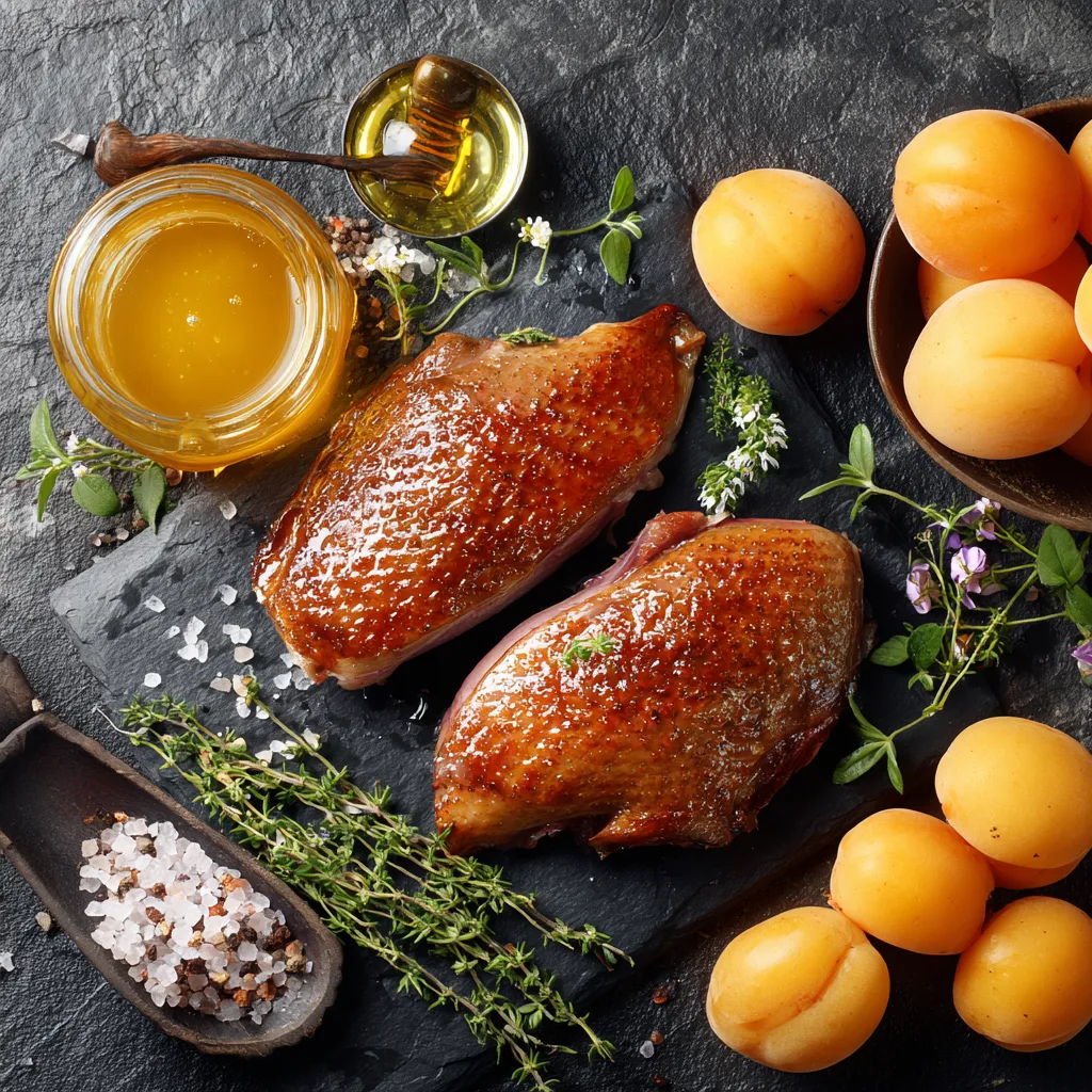 Ingrédients pour magret de canard grillé sauce abricot disposés à plat sur ardoise