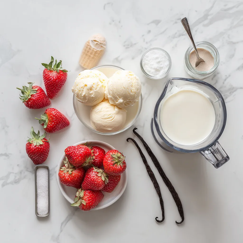 Ingrédients du milkshake fraise vanille posés à plat sur marbre blanc