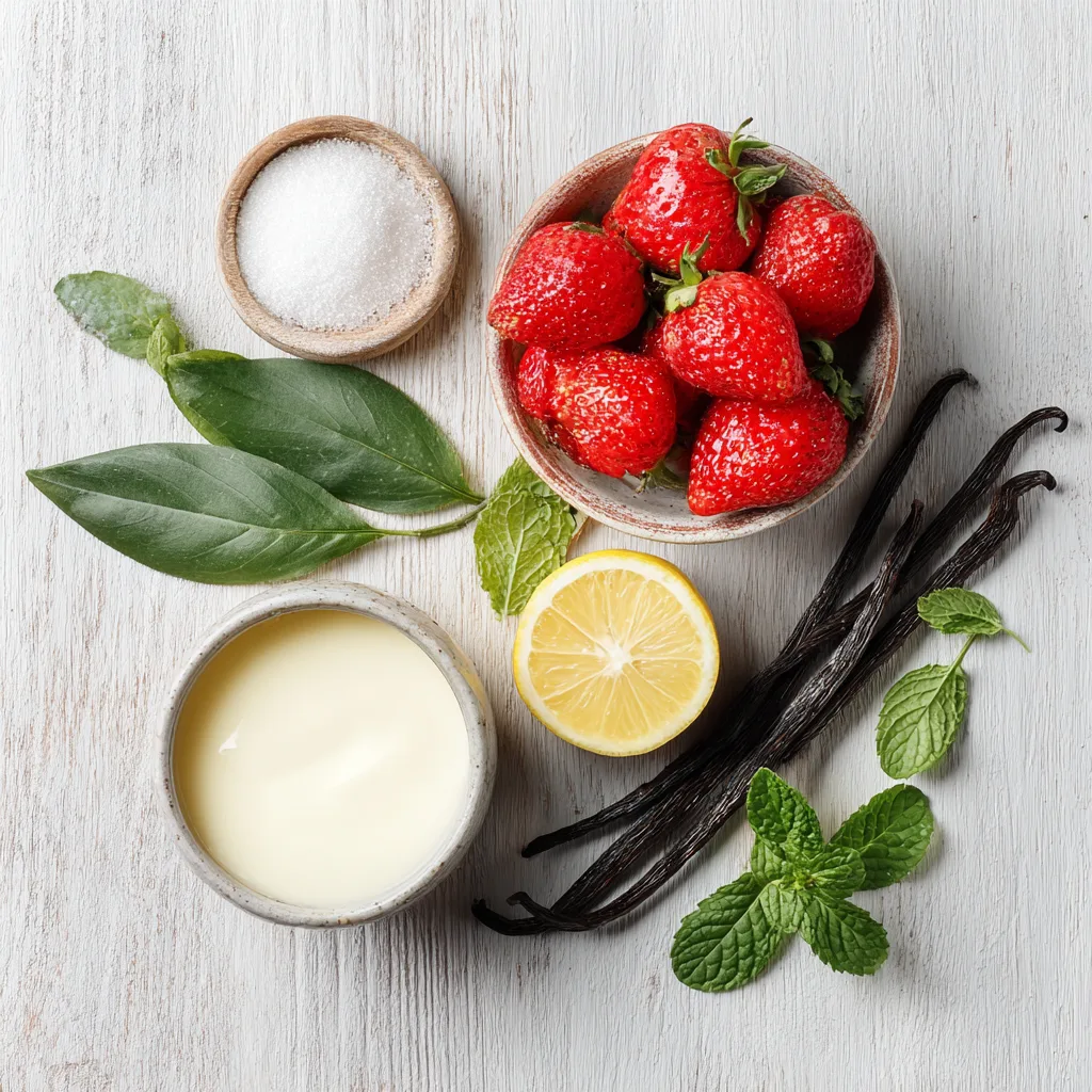 ingrédients panna cotta aux fraises flat lay fraises fraîches gélatine vanille