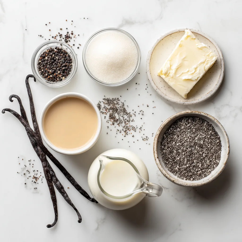 Ingrédients panna cotta vanille disposés sur marbre blanc