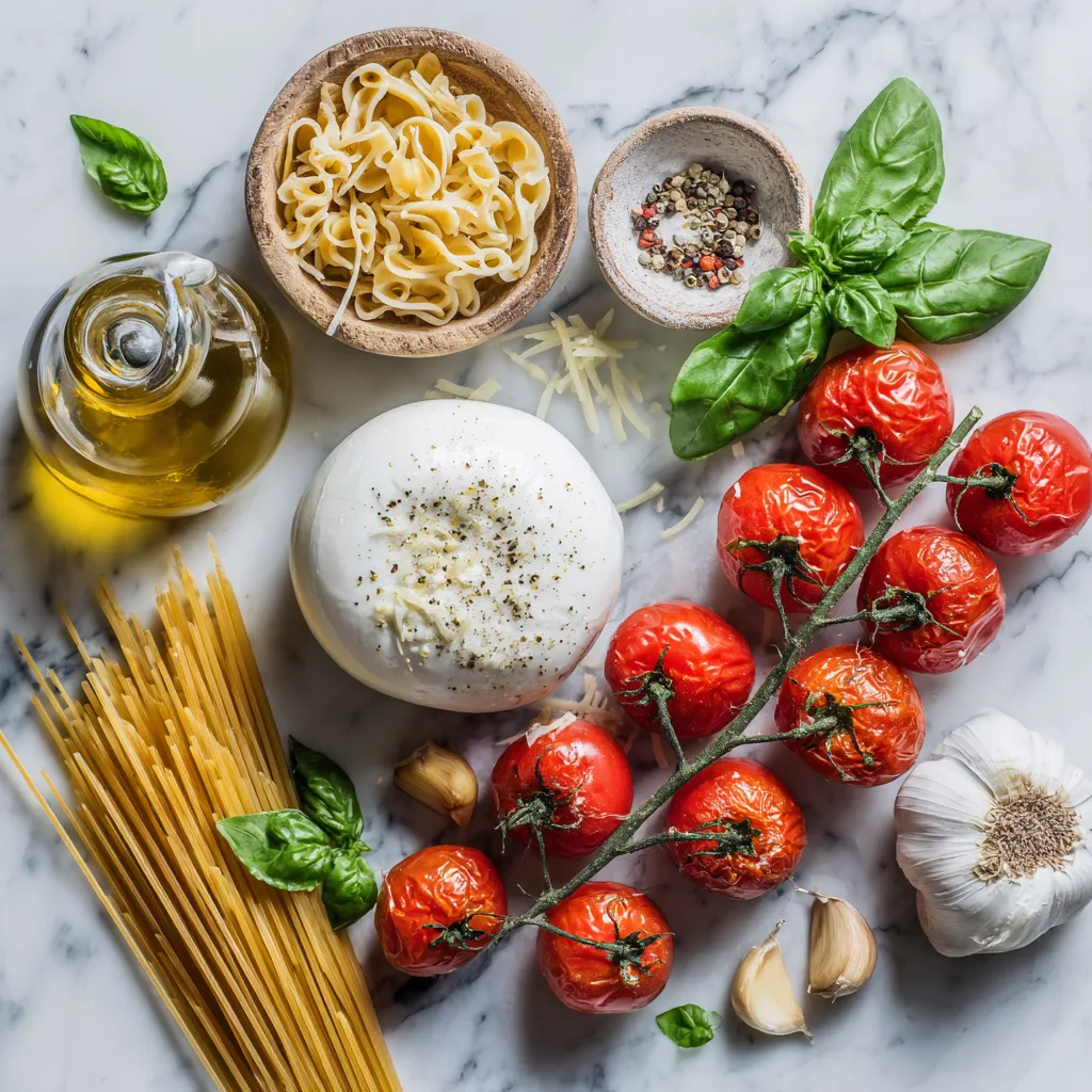 Ingrédients pour pâtes crémeuses à la burrata : burrata, tomates cerises, pâtes, ail, basilic