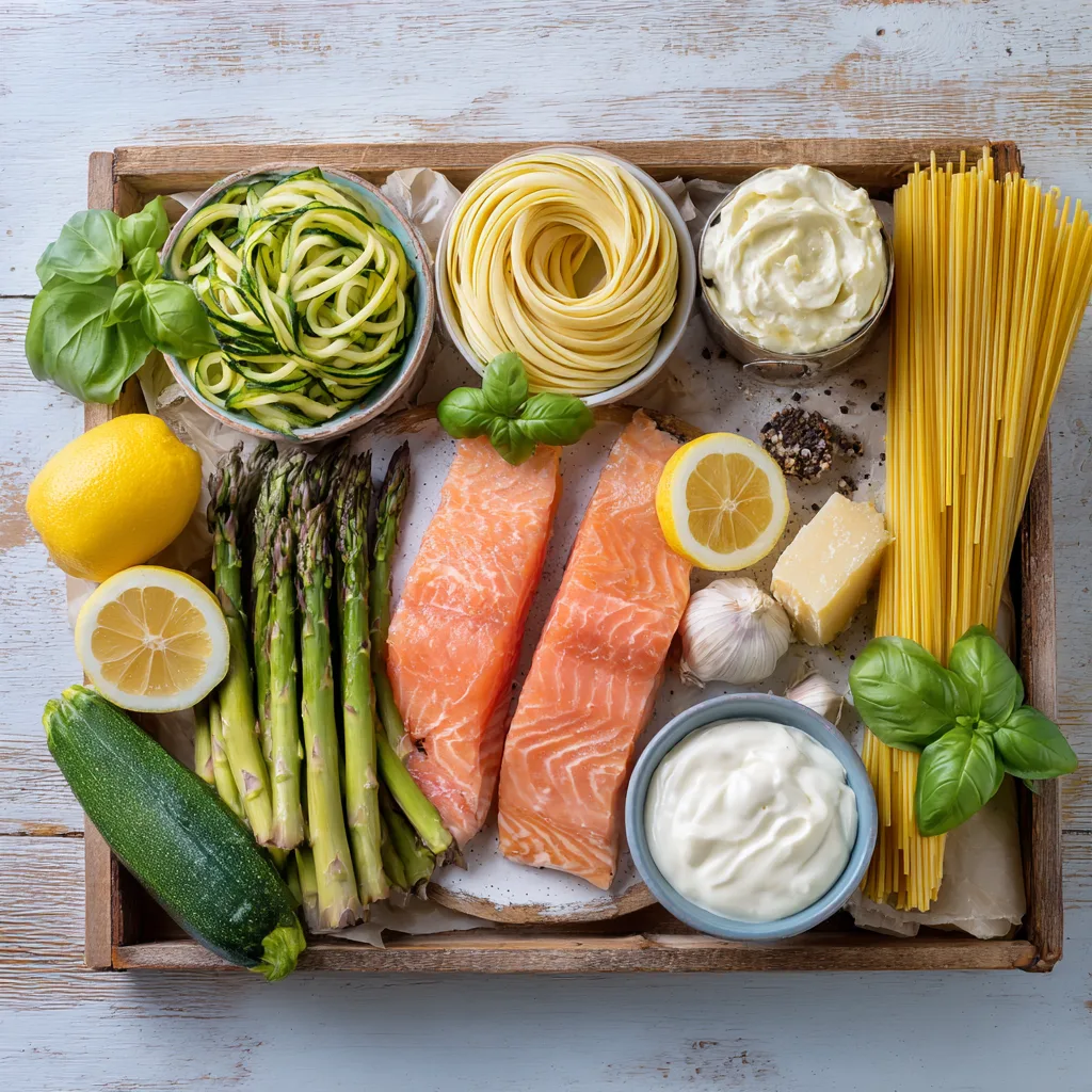 Ingrédients pâtes primavera au saumon disposés à plat