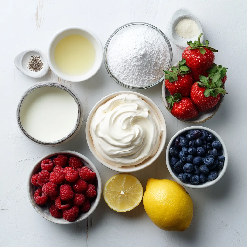 Ingrédients pour la recette de Pavlova aux fruits rouges disposés à plat sur fond blanc