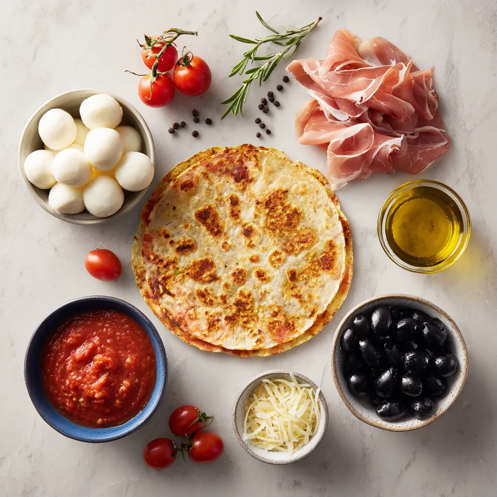 Ingrédients pizza tortilla facile disposition flat lay sauce tomate mozzarella
