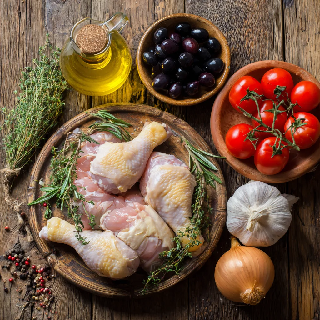 Ingrédients du poulet provençal aux herbes : poulet, tomates, olives, ail et herbes de Provence