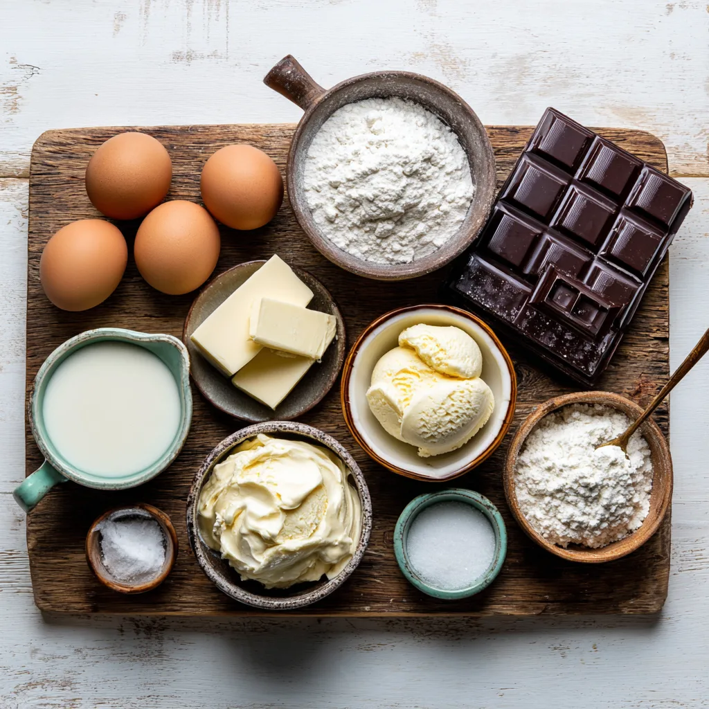Ingrédients pour préparer des profiteroles au chocolat maison disposés sur une planche en bois
