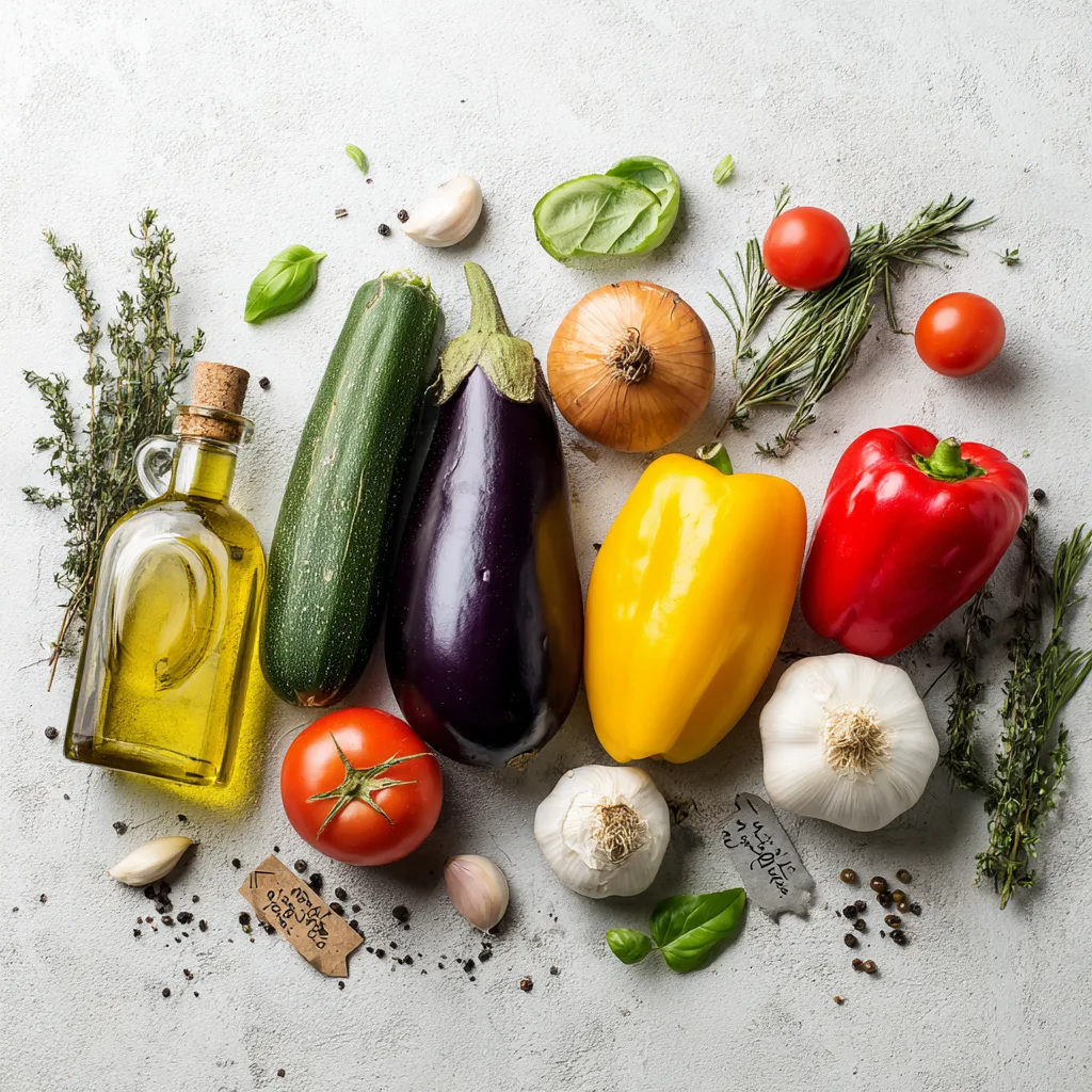 Ingrédients frais pour préparer une Ratatouille Niçoise maison