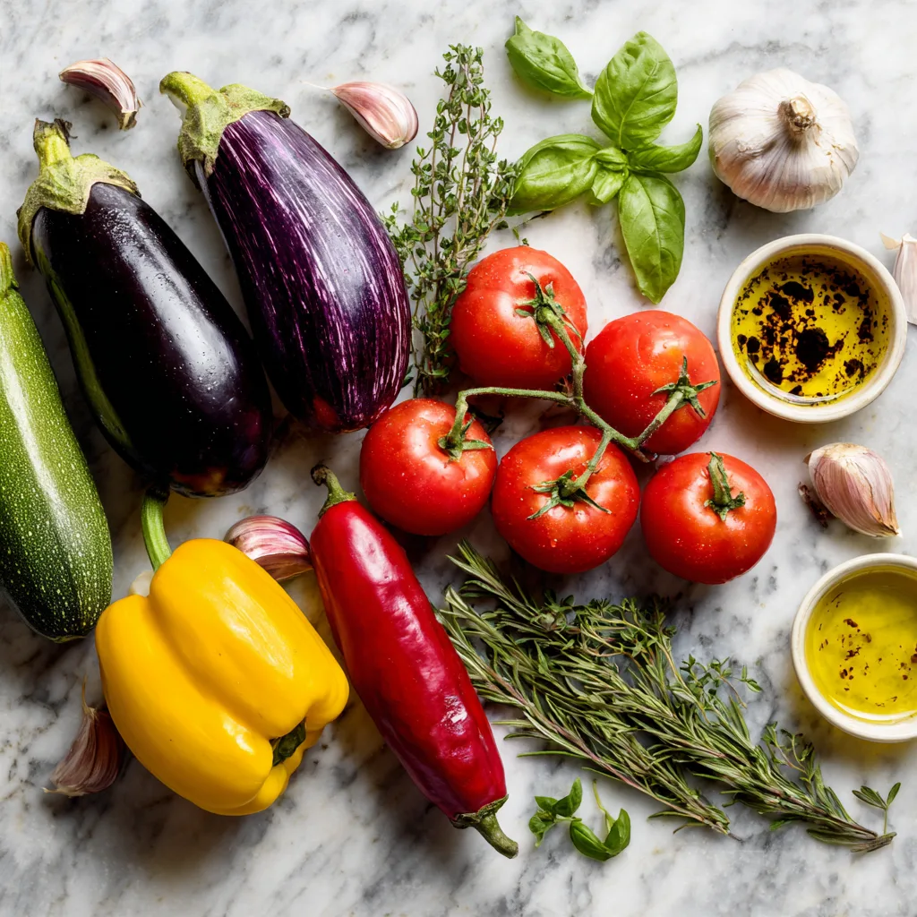 Ingrédients ratatouille provençale maison flat lay légumes frais