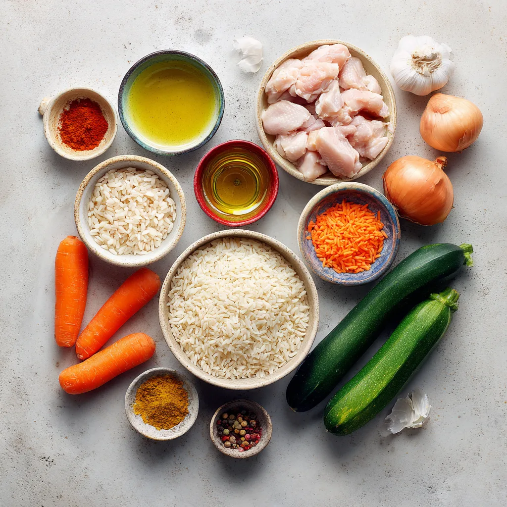 Ingrédients riz aux légumes et poulet disposition à plat