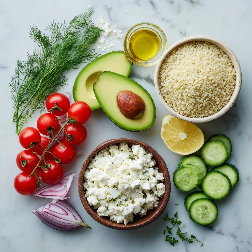 Ingrédients salade quinoa avocat disposés à plat sur marbre blanc
