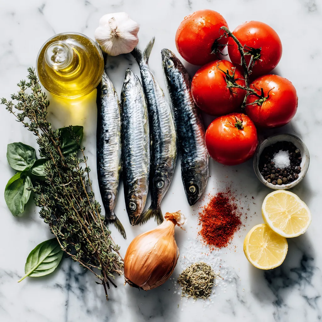 Ingrédients frais pour préparer des sardines grillées sauce vierge