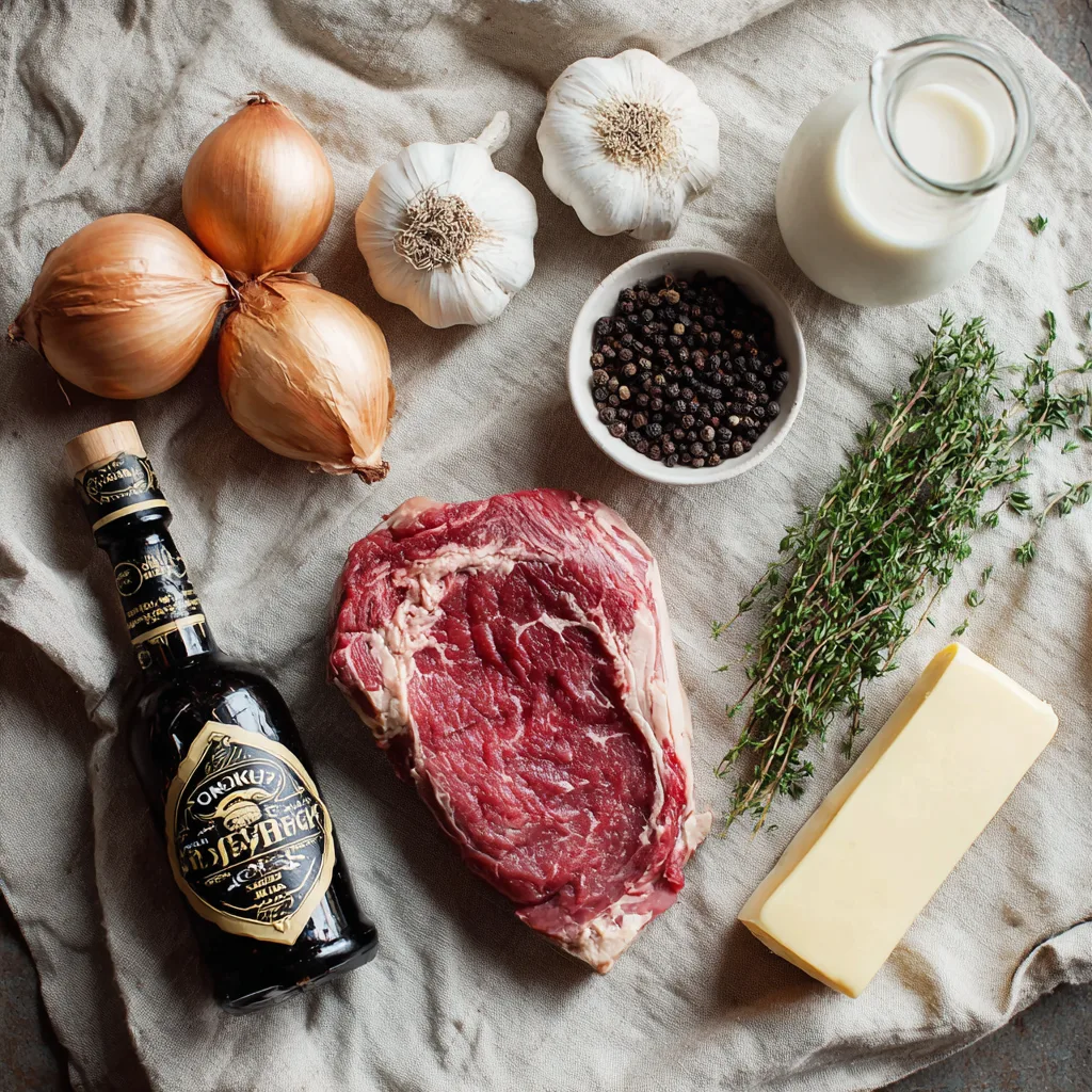 Ingrédients du steak de bœuf au poivre : bœuf, grains de poivre, échalotes, crème et beurre